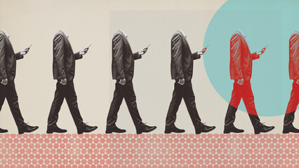 Distracted headless people staring at smartphone screen and walking - obrazy, fototapety, plakaty