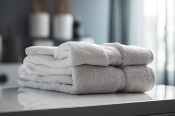 Stack of clean towels on table in bathroom. Mockup for design. Generative AI