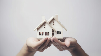Fototapeta na wymiar Hands holding house model on white background. Real estate concept. Generative AI