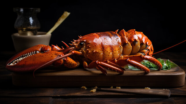 Boiled lobster on a wooden cutting board. Dark rustic style. Generative AI