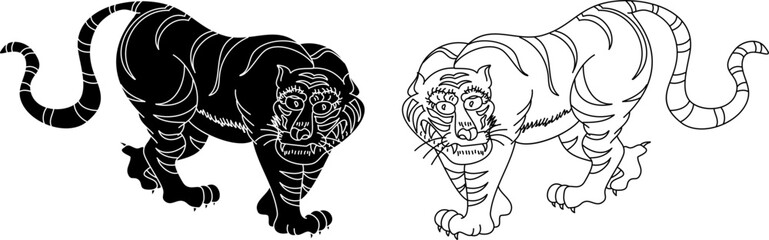 Tiger Sticker tattoo design,Cartoon tiger on black background.VectorใTraditional Japanese culture for printing on background.