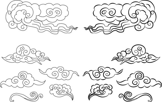 Hand drawn Chinese cloud and wave for tattoo design isolate on white background.