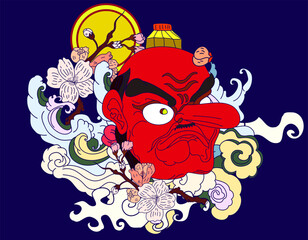 hanya demon mask with sakura and red sun on cloud tattoo.Japanese traditional art tattoo.Big nose monster mask.