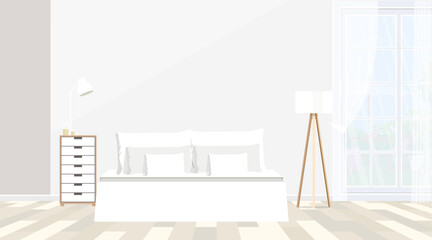 Simple modern design illustration, advertising, offer. Double bed with white lamp pillows, furniture on wooden floor.