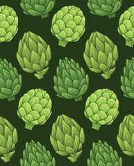 Vector seamless pattern with hand drawn artichokes on dark background. Texture with cartoon healthy vegetables. Natural healthy food background