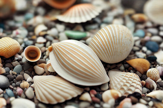 Seashells on pebble beach, closeup view. AI generated image.