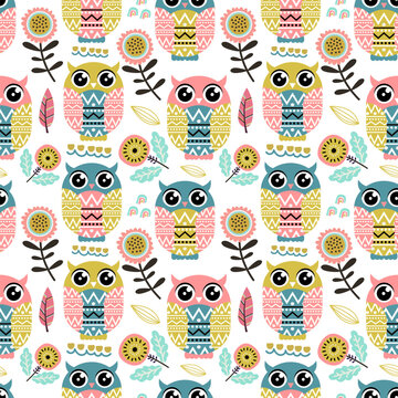 Seamless pattern tropical summer with cute owl