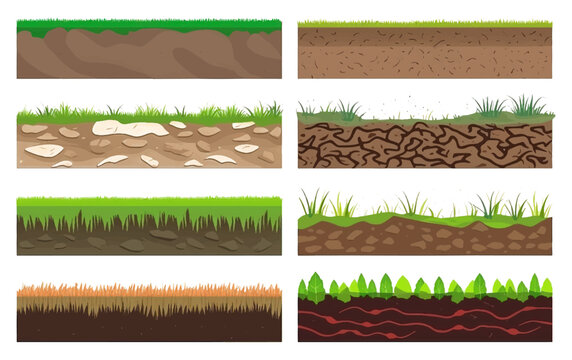 set vector illustration of soil layers green grass, ground isolate on white
