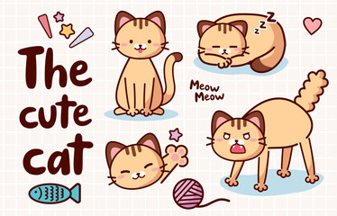Set of cute cartoon brown cat with different emotions isolated on white background. Happy and angry cat. Clip art animal. Vector illustration