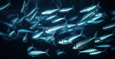 School of small silver fish underwater. Marine life. Generative AI