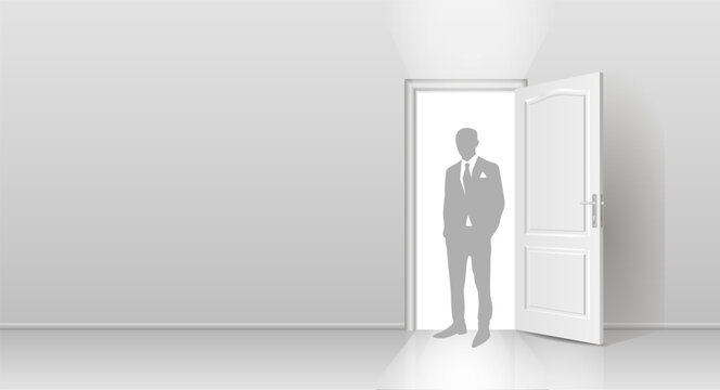 The interior of an empty room with a white wall, an open door and a silhouette of a man in a suit.
Free space for copying a 3d image.