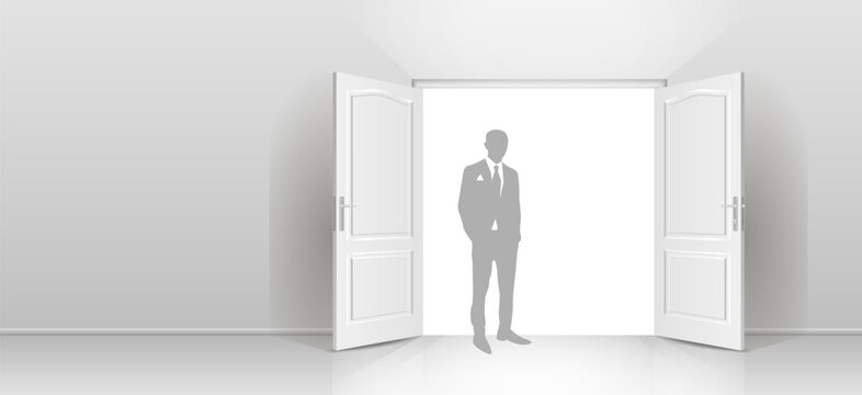 The interior of an empty room with a white wall, an open door and a silhouette of a man in a suit.
Free space for copying a 3d image.