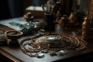 antique and vintage pearl jewelry Jewelry and various accessories, on a wooden table, Generative Ai