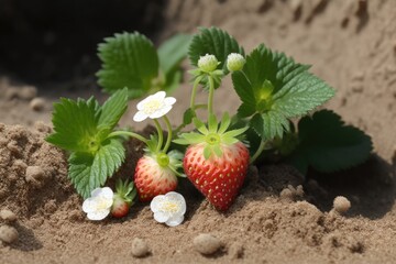 strawberries and flowers growing in sandy soil. Generative AI