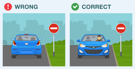 Safe driving tips and traffic regulation rules. Correct and wrong direction travel. 
