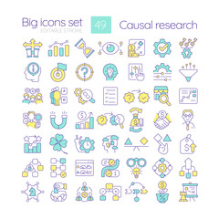 Causal research RGB color icons set. Marketing strategy of business development. Commercial prediction. Isolated vector illustrations. Simple filled line drawings collection. Editable stroke
