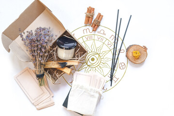 Tarot, astrology, esoteric, occult mystical ritual box gift. Self care, mental health, Palo Santo...