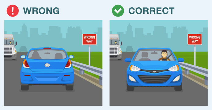 Safe driving tips and traffic regulation rules. Correct and wrong direction travel. "Wrong way" sign. Car is traveling opposite direction on highway. Flat vector illustration template.