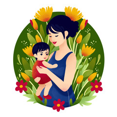 vector illustration of mother and baby on floral background for mother's day
