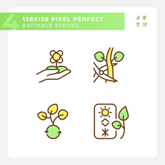 Fototapeta premium Horticulture green RGB color icons set. Flower farming. Floriculture industry. Ornamental gardening. Isolated vector illustrations. Simple filled line drawings collection. Editable stroke