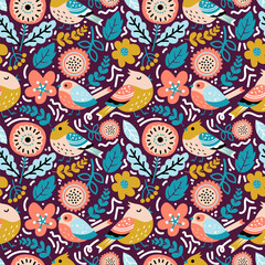 Seamless pattern colorful bright flower and bird