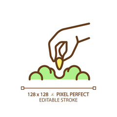Sowing green RGB color icon. Putting seed in soil. Growing plant. Agricultural process. Gardening season. Organic farming. Isolated vector illustration. Simple filled line drawing. Editable stroke