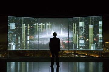 Back view of businessman interacts with graphs on a screen in a futuristic setting. Generative AI