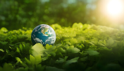 Obraz na płótnie Canvas Globe in bushes with sunrise light effect and bokeh effect. wide size (Earth Day Concept), Created with Generative AI Technology