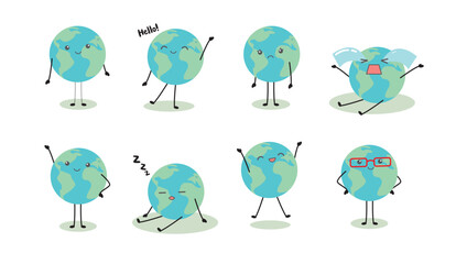 Stickers Earth character with cute face different emotions. Earth Day April 22. Planet earth ecology problem and conservation set. Vector illustration