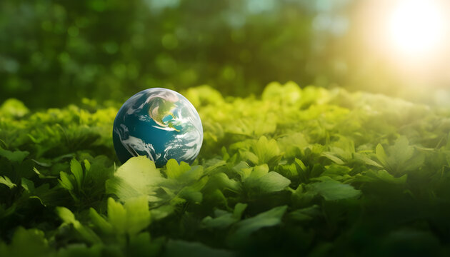 Globe in bushes with sunrise light effect and bokeh effect. wide size (Earth Day Concept), Created with Generative AI Technology