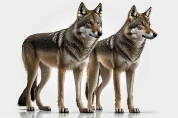 Naklejka na ściany i meble two majestic gray wolves standing side by side in the wild. Generative AI