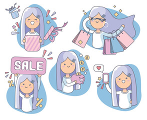 Set of cute girl shopping on a white background. Character for online store, sale, discounts, sale. Discount banner character. Vector illustration