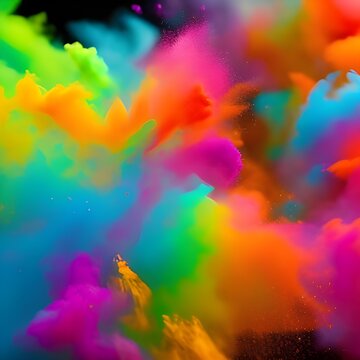 Colorful mixed rainbow powder explosion isolated on black background. Royalty high-quality free stock photo image of Colored powder explosion. brain explosion with multicolored powder