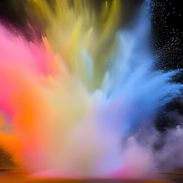 Colorful mixed rainbow powder explosion isolated on black background. Royalty high-quality free stock photo image of Colored powder explosion. brain explosion with multicolored powder. Generative AI