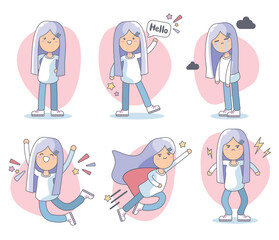 Set of female facial emotions. Character cute girl character with different expressions. Vector illustration in cartoon style