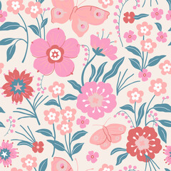 Light background with pink flowers and butterflies. Decorative seamless pattern for wrapping paper, wallpaper, textiles, greeting cards and invitations.