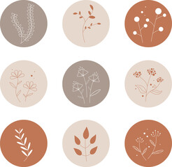 Round texture and floral icons for social media stories. Set of various vector highlight covers. Floral icons set, white contour flowers in round shapes. Highlights for social networks. Vector design