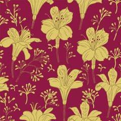 Fototapeta na wymiar Seamless vector pattern with dark yellow alstroemeria on a burgundy background.