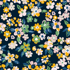 Botanical seamless pattern, various pink, orange and green flowers with green leaves on a dark blue background, vintage patel theme.