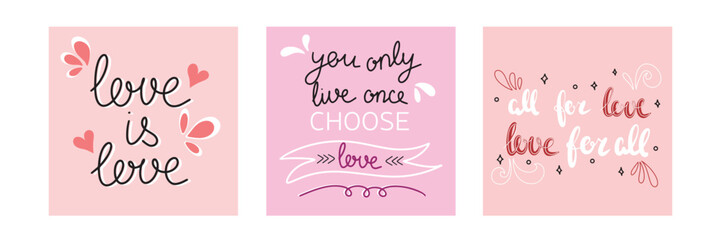 Fototapeta na wymiar Love square pink banner. Love is love. You only live once choose love. 