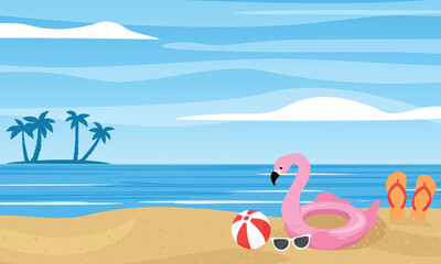 Fototapeta na wymiar Summer background with beach and silhouette of little island with palm trees. Flamingo lifebuoy, beach ball, sunglasses. Vector illustration.