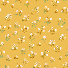 Floral pattern. Beautiful flowers on a yellow background. Print with small white flowers. Seamless vector texture. Spring bouquet. Vector image from the warehouse.