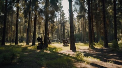Oil rig in forest. Fir trees and oil pumps. Generative AI