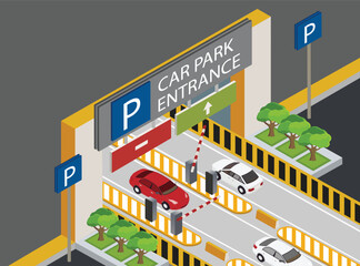 Isometric car parking with cars. Indoor car park with entrance gate and boom barrier. City parking lot entrance with different cars. Public car-park. Vector.