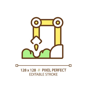 Planting robot green RGB color icon. Seed sowing machine. Agricultural automation. Farm equipment. Artificial intelligence. Isolated vector illustration. Simple filled line drawing. Editable stroke