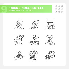 Agriculture linear icons set. Soil cultivation. Growing crops. Rural development. Planting season. Customizable thin line symbols. Isolated vector outline illustrations. Editable stroke