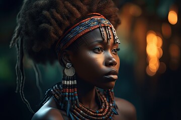 Naklejka na ściany i meble Beautiful black female, African tribe Generative AI