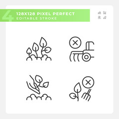 Ecological farming linear icons set. Environmentally friendly. Organic agriculture. Growing healthy food. Customizable thin line symbols. Isolated vector outline illustrations. Editable stroke