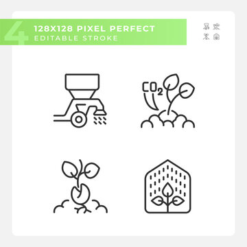 Plant development linear icons set. Growing process. Seedling growth. Sustainable agriculture. Customizable thin line symbols. Isolated vector outline illustrations. Editable stroke