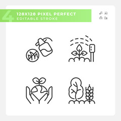 Fototapeta premium Gardening linear icons set. Growing healthy plants. Regenerative agriculture. Farming techniques. Customizable thin line symbols. Isolated vector outline illustrations. Editable stroke